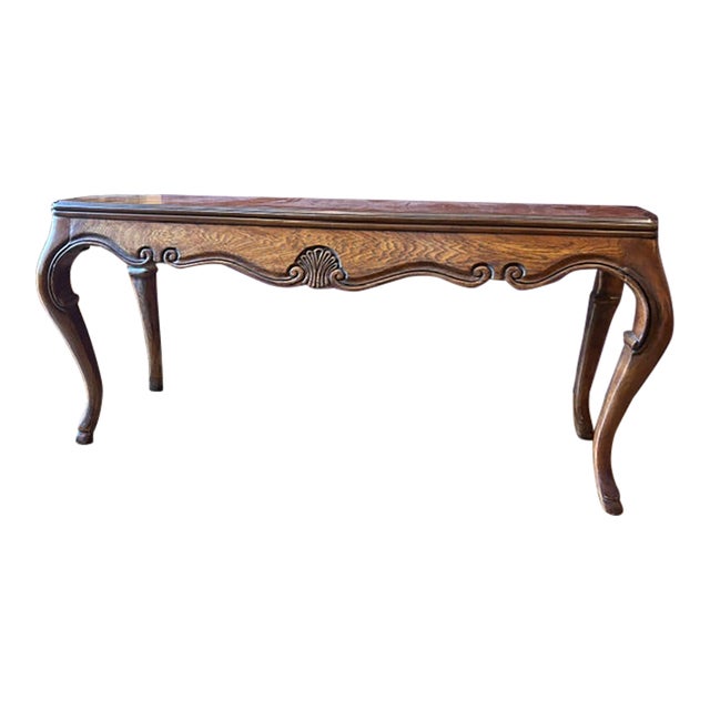 Heritage Furniture Walnut Console Table With Matching Upholstered Settee For Sale