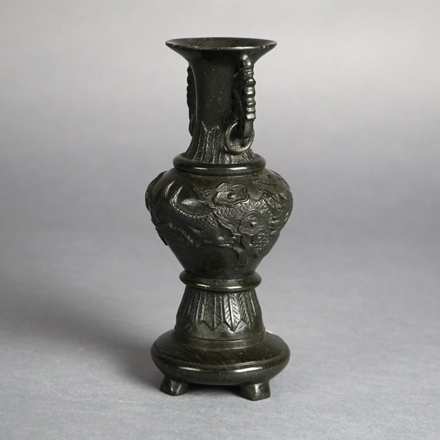 Antique Chinese Carved Hard Stone Double Handle Urn in Relief with Dragons, Circa 1920 For Sale - Image 6 of 8