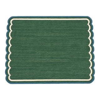 Handmade Cotton Flat Weave Area Rug, Forest Green and Teal Blue Scalloped Dhurrie - 5'x7' For Sale
