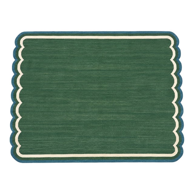 Handmade Cotton Flat Weave Area Rug, Forest Green and Teal Blue Scalloped Dhurrie - 5'x7' For Sale