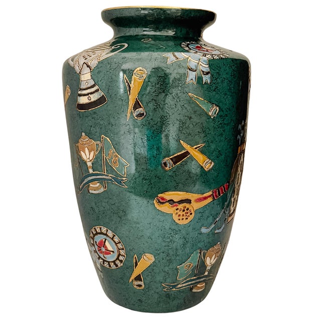 Vintage Golf Motifs Emerald Green Porcelain Vase For Sale - Image 4 of 10