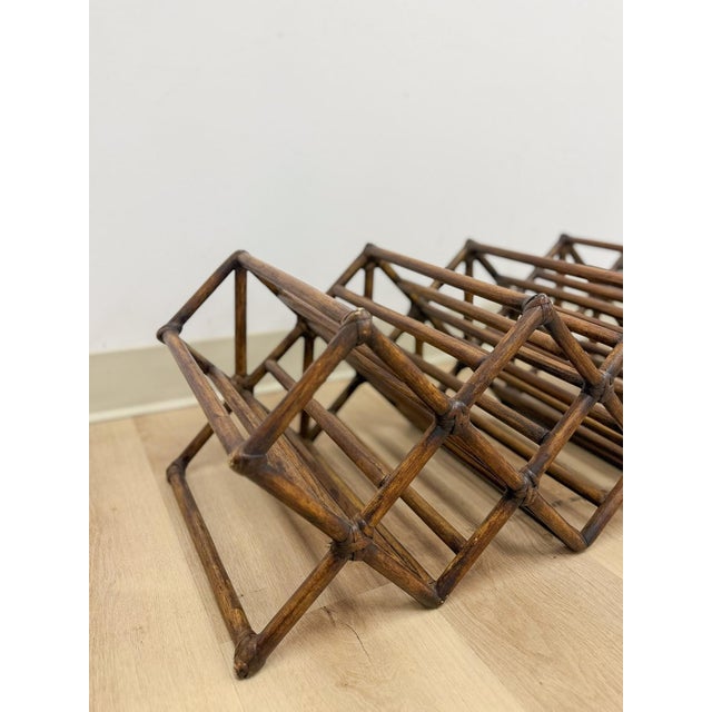 Wood Vintage Dark Bamboo Twelve Bottle Wine Rack Coastal Boho Bar Accent For Sale - Image 7 of 8