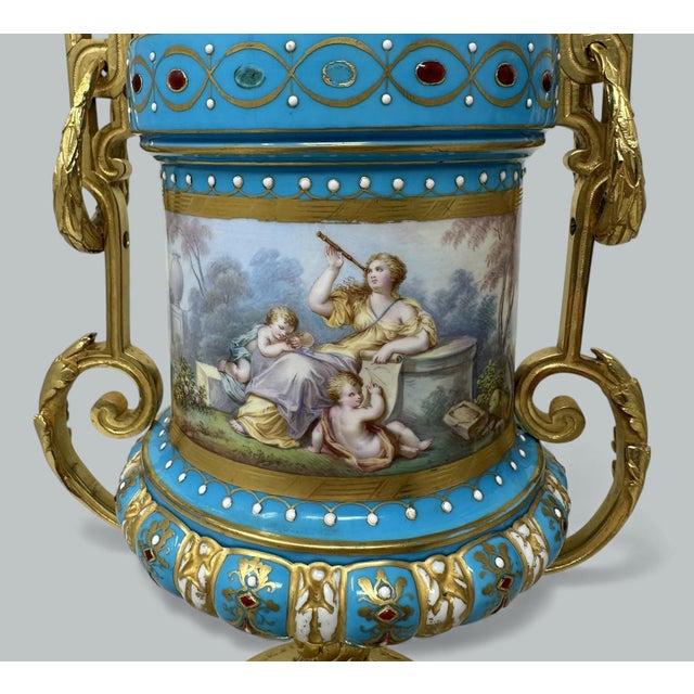 Late 19th Century Late 19th Century Pair Antique French Sèvres Porcelain Ormolu Celeste Blue Jewell Table Urns Lamps For Sale - Image 5 of 11