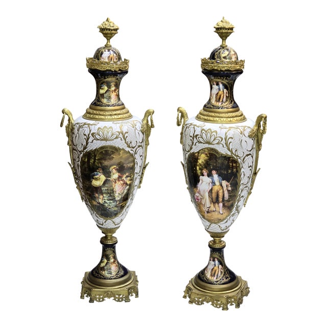 French Style Porcelain Vases – Romantic Scenes & Gilt Bronze Mounts For Sale