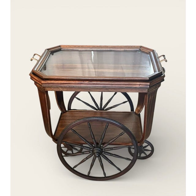 Antique Tea Cart With Brass Inlay, Wood Framed Glass Tray Top For Sale - Image 18 of 18