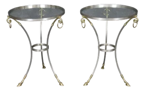 Pair of French Brass and Steel Jansen Style Glass Top Gueridon End Tables