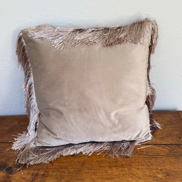 Taupe Velveteen Pillow With Long Silky Fringe | Chairish