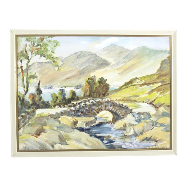 1950’s-60’s Vintage Original Landscape Painting of Ashness Bridge in Keswick England Stone Bridge For Sale