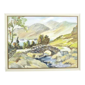 1950’s-60’s Vintage Original Landscape Painting of Ashness Bridge in Keswick England Stone Bridge