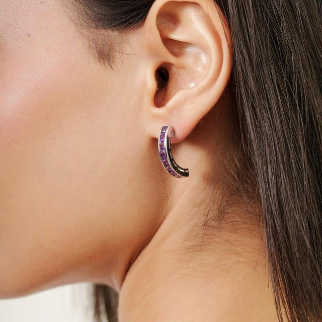 Metal February Birthstone Purple Amethyst Hoop Earrings in Solid Silver, A Pair For Sale - Image 7 of 11