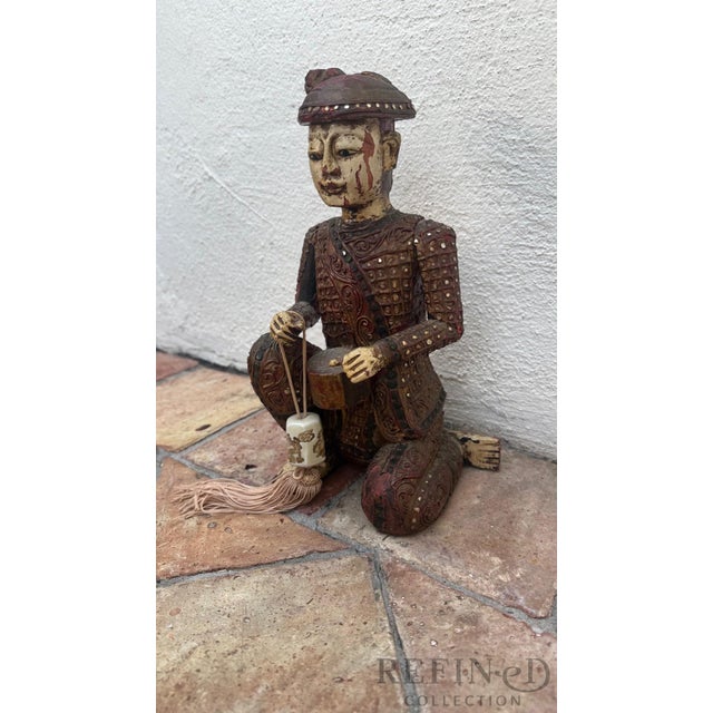 Chinese Mid 20th Century Hand-Carved Chinese Figural Sculpture of Seated Musician With Drum For Sale - Image 3 of 12