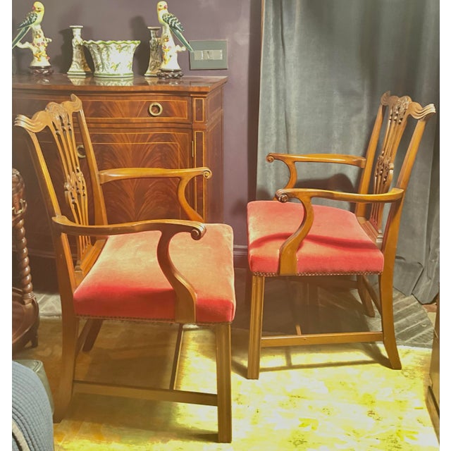 Pair of Vintage English Chippendale Style Mahogany Library Armchairs in Crimson Velvet For Sale In Los Angeles - Image 6 of 8