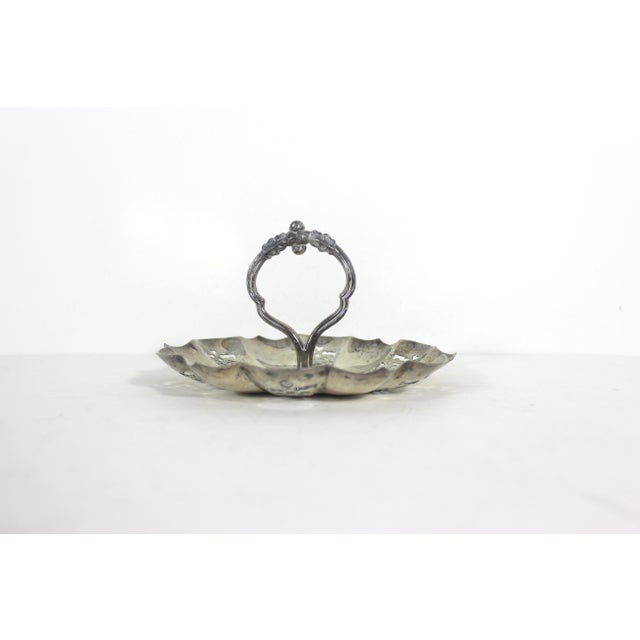 English Vintage Small Silver Bonbon Dish With Handle Ruffled Edge Tray, Round Silver Plated Dish With Pierced Cutout Details Patina Trinket For Sale - Image 3 of 9