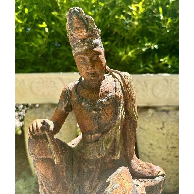 Carved and Painted Wooden Seated Figure of Guanyin — Qing Dynasty, 19th Century For Sale - Image 4 of 12