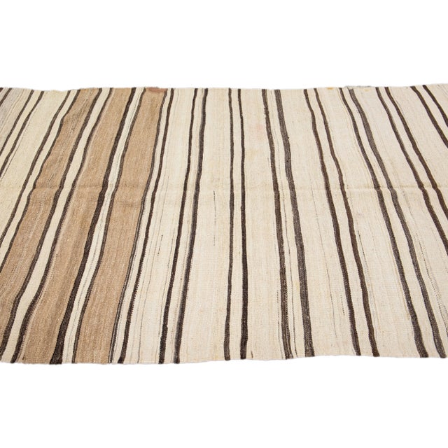1960s Vintage Turkish Kilim Flatweave Beige Stripes Wool Rug For Sale In New York - Image 6 of 10