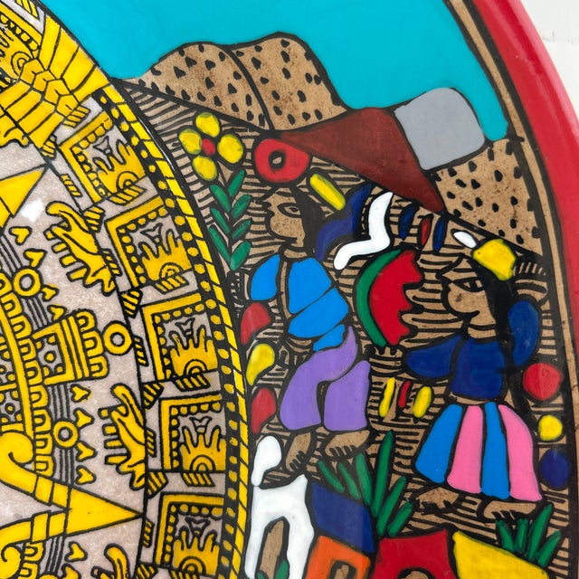 Vintage Hand Painted Terracotta Mexican Wedding Plate With Aztec Calandar For Sale - Image 10 of 11