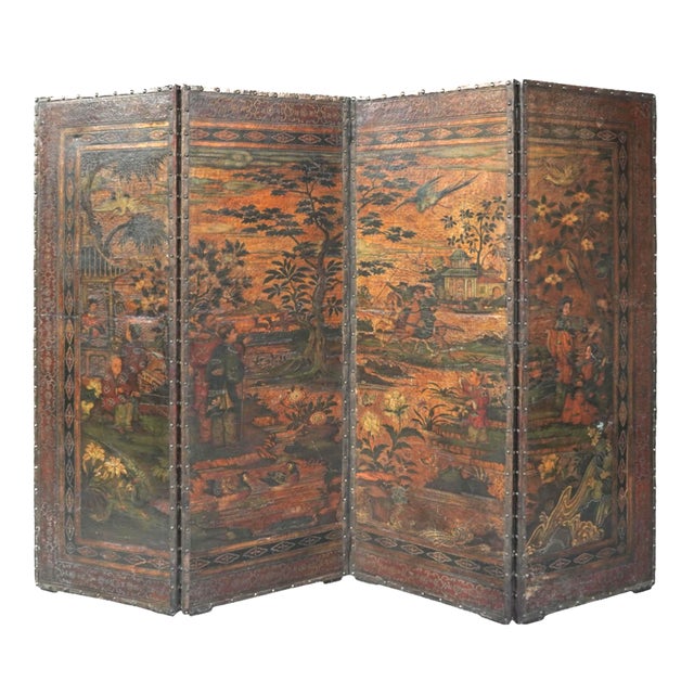 19th Century Chinoiserie Folding Screen, Hand-Painted Leather For Sale - Image 10 of 10