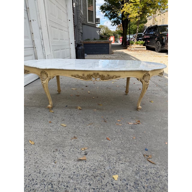 Vintage French Louis XV Style Marble-Top Coffee Table With Carved Floral Apron and Cabriole Legs For Sale - Image 12 of 12
