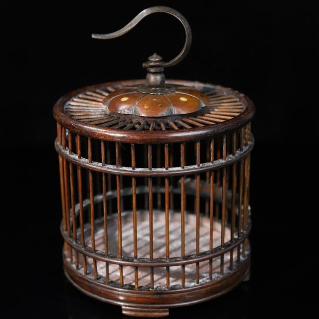 Wood Vintage Chinese Huali Rosewood Cricket Cage | Round Cage With Brass Hook & Inlay For Sale - Image 7 of 11
