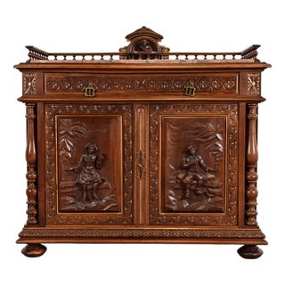 Antique Italian Renaissance Revial Carved Walnut and Marble Top Sideboard or Bar Cabinet, Circa 1890s For Sale