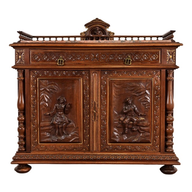 Antique Italian Renaissance Revial Carved Walnut and Marble Top Sideboard or Bar Cabinet, Circa 1890s For Sale