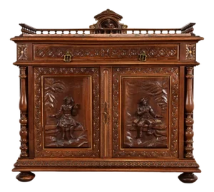 Antique Italian Renaissance Revial Carved Walnut and Marble Top Sideboard or Bar Cabinet, Circa 1890s