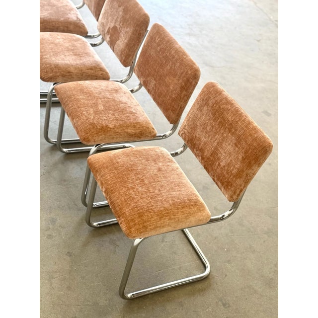 Chrome 1970s Chrome Cantilevered Dining Chairs in Chenille For Sale - Image 8 of 10