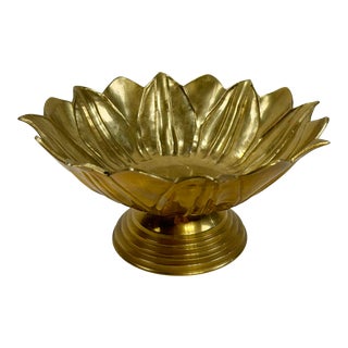 Vintage Brass Floral Motif Pedestal Bowl For Sale