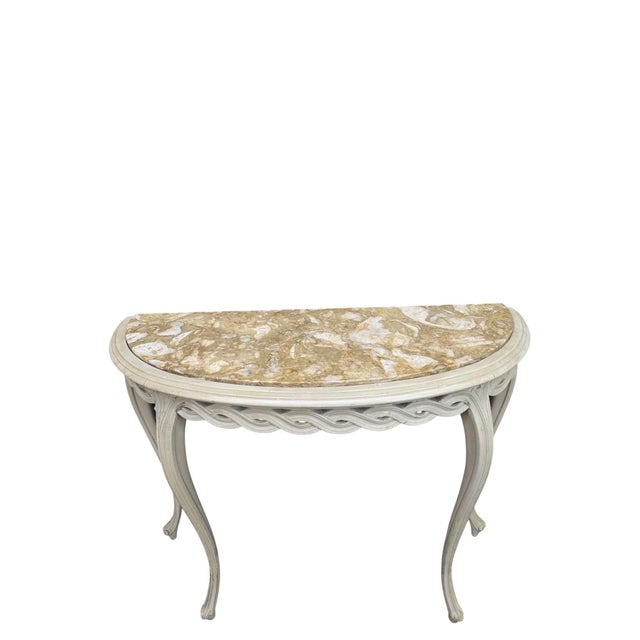 Vintage French Demilune Onyx Top Console Table with Braided Apron Elegant vintage French demilune console table featuring...