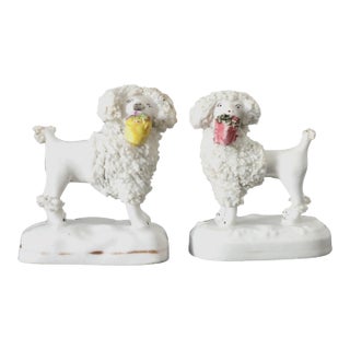 19thC Staffordshire Porcelain Lambs w/Baskets For Sale