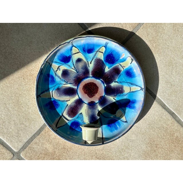 Ceramic Wall Plate Candleholder with Abstract Floral Decoration and Crackle Glaze by Jette Hellerøe, Denmark, 1970s For Sale - Image 14 of 15