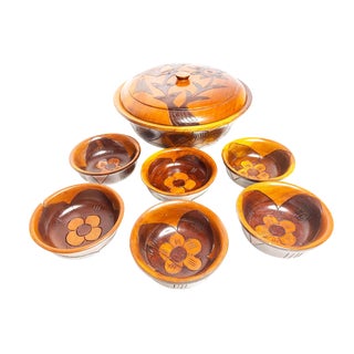 Hand Carved Floral Rosewood Bowls From Curaco - 8 Piece Set For Sale