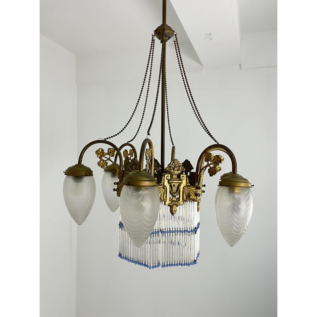 Art Deco 7-Light Chandelier in Brass and Glass, 1940s For Sale - Image 3 of 18