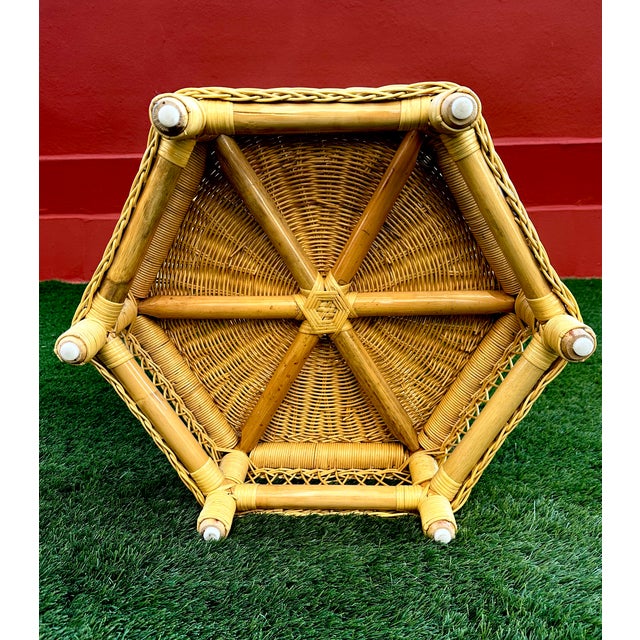 Vintage Hexagonal Rattan Side Table with Original Label, 1980 For Sale - Image 6 of 14