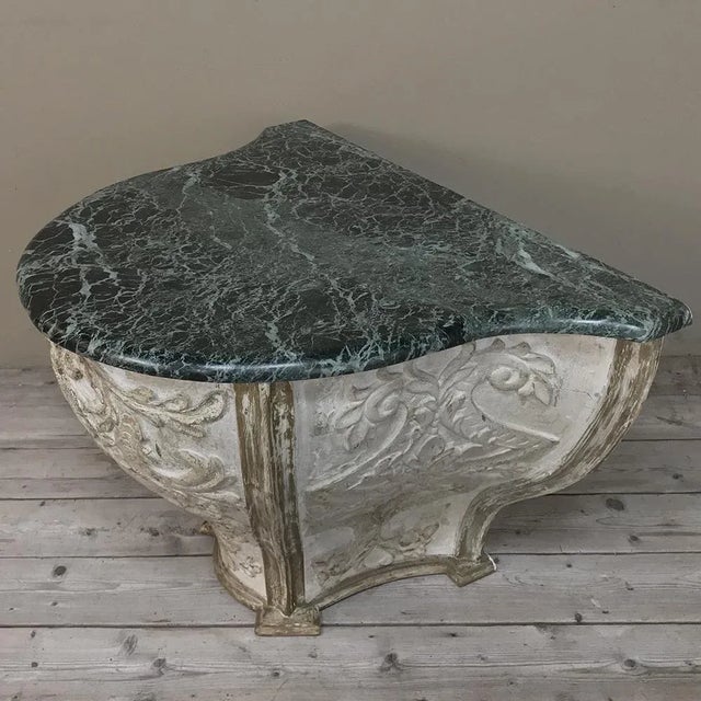 Wood 18th Century French Baroque Marble Top Painted Console ~ Pedestal For Sale - Image 7 of 12