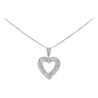 .925 Sterling Silver 1.00 Cttw Baguette and Round Diamond Open Heart Pendant Necklace For Sale
