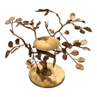 1970's Vintage Brass Modernist and Brutalist Botanical Candle Holder – Sculptural Leaf Form – Hollywood Regency Style – 8” Tall For Sale