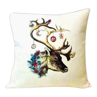 Reindeer With Birds and Ornaments on Antlers Beige Linen Pillow For Sale