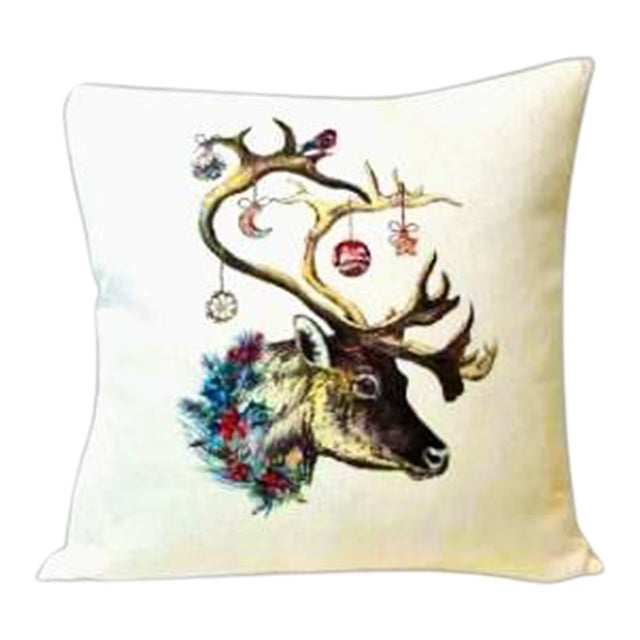 Reindeer With Birds and Ornaments on Antlers Beige Linen Pillow For Sale