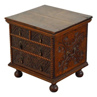 Late 18th Century Oak Box with Faux Drawers, Handles and Carved Scrolls For Sale