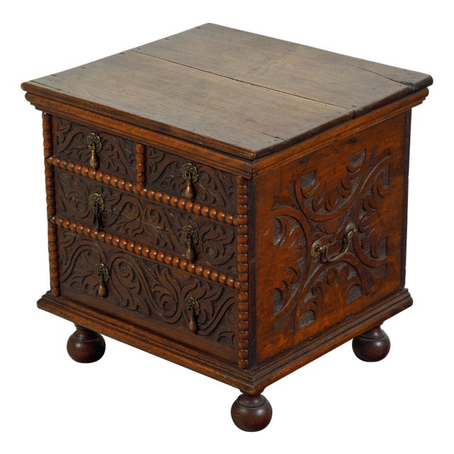 Late 18th Century Oak Box with Faux Drawers, Handles and Carved Scrolls For Sale