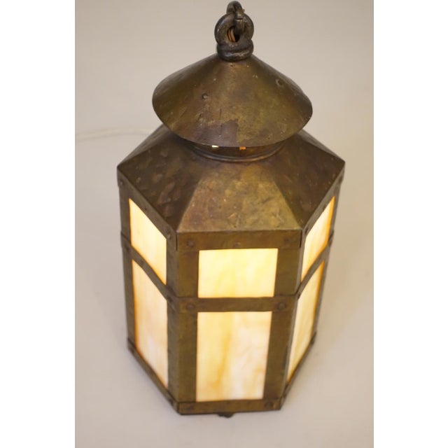 1910s Arts & Crafts Copper Iron Stained Glass Mission Hexagon Chimney Lantern Hanging Lamp 1910's For Sale - Image 9 of 14