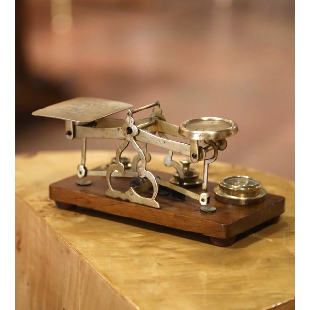 Wood Early 20th Century English Brass Postal Scale With Weights on Oak Base For Sale - Image 7 of 9
