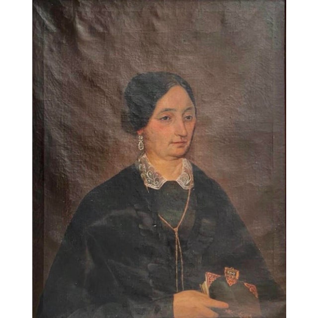 Oil on canvas, portrait of a 19th-century lady. Canvas dimensions: 83.5 x 64 cm. Sold unframed. Unsigned. Small hole. This...