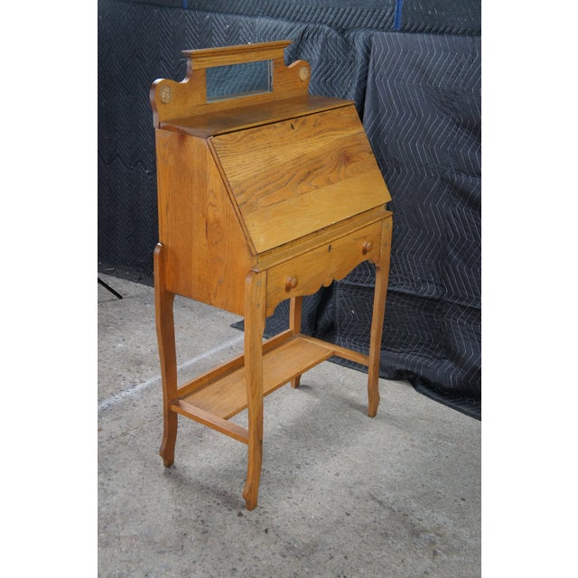 Antique Victorian Petite Oak Mirrored Slant Top Secretary Ladies Writing Desk For Sale - Image 10 of 14