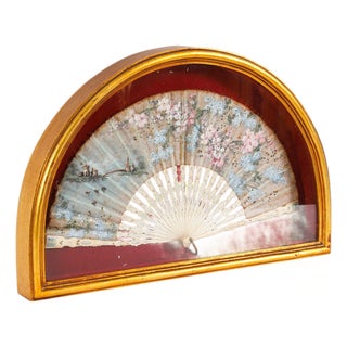 Antique French Framed Hand-Painted Silk Fan Gilded Box Frame, 1700s For Sale