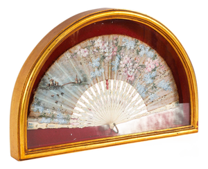 Antique French Framed Hand-Painted Silk Fan Gilded Box Frame, 1700s
