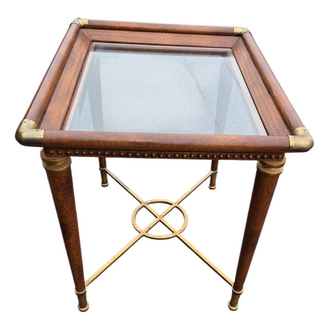 French Regency Campaign Coffee Table Leather Wrapped Wrought Iron X Base Vintage For Sale