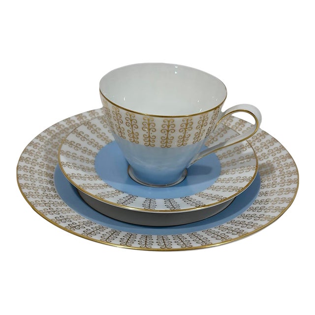 1950s Art Deco Rosenthal Germany Blue Edge Gold Trim Cup, Saucer ,Plate Marked - 3 pcs For Sale