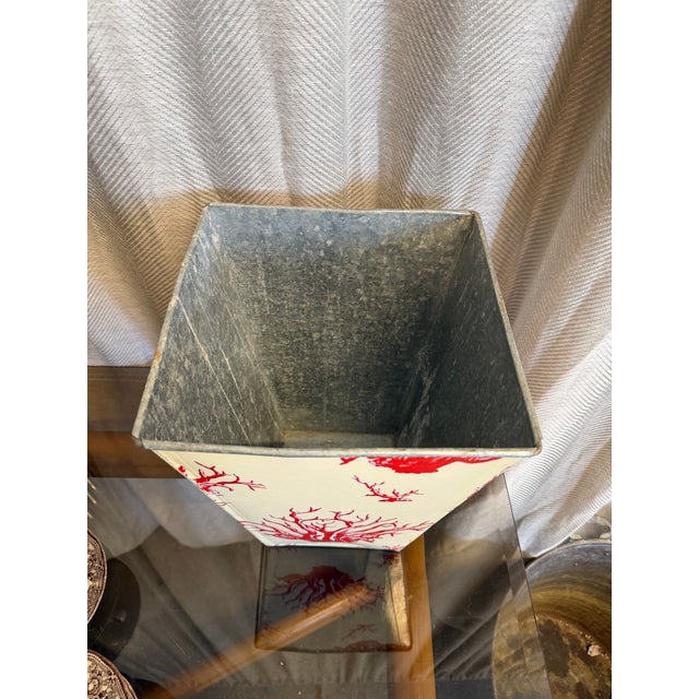 Nautical Tole Coral Motif Decoupage Wastebasket For Sale - Image 3 of 5